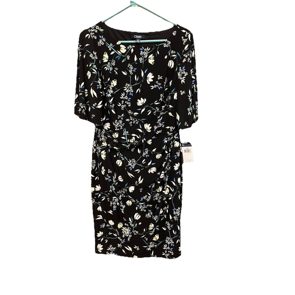 NWT CHAPS Women's Bk Floral Dress Sz L Short Bell Sleeve Tummy Control